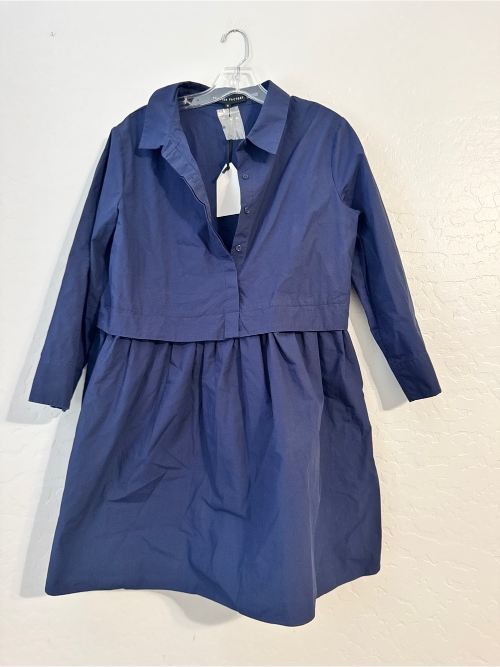 👗English Factory Blue Solid Woven Cotton Shirt Dress Collared Button Front M